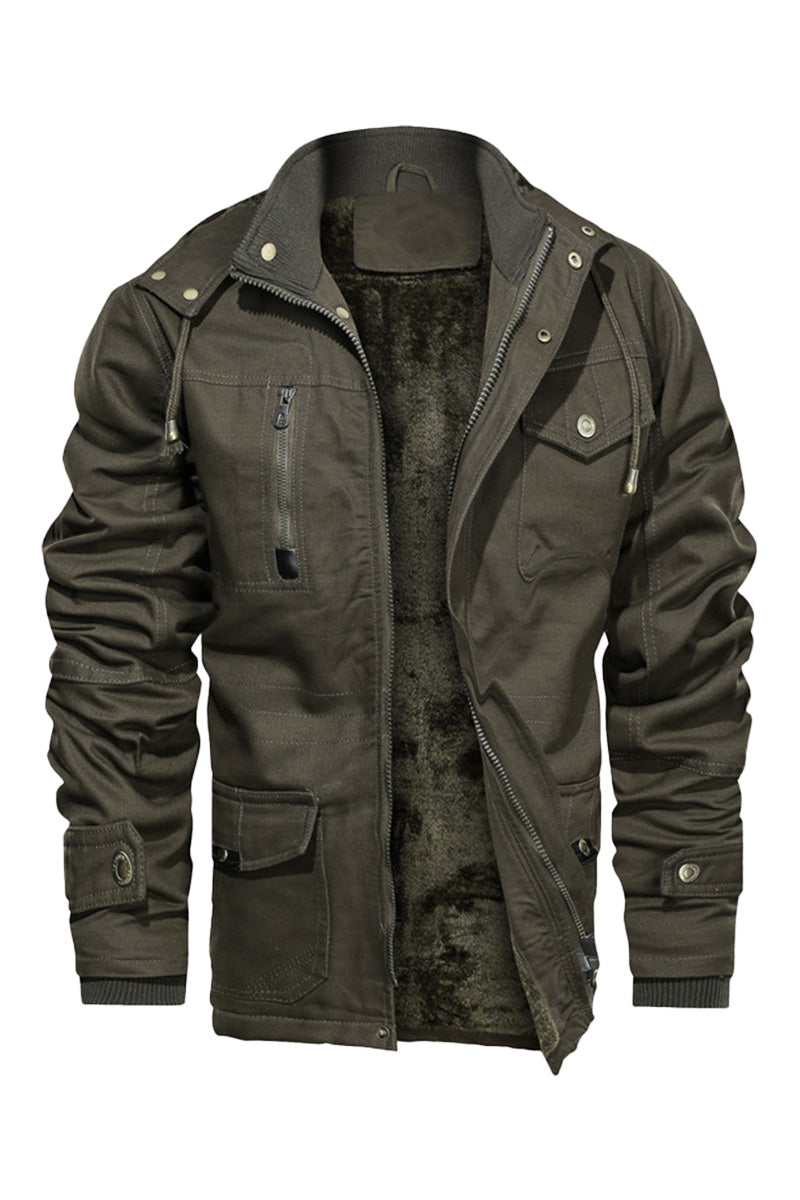 Thick Fleece Hooded Cargo Jacket with Pockets