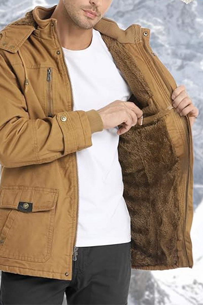 Thick Fleece Hooded Cargo Jacket with Pockets