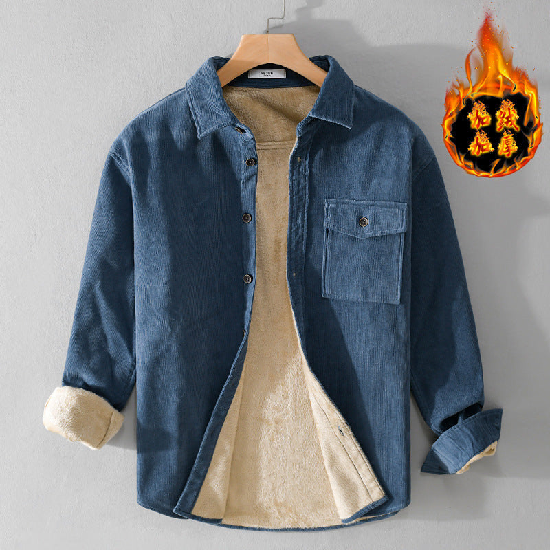 Thickened Fleece-Lined Cotton Shirt Jacket with Pocket