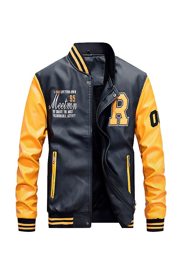 Marcus Store Faux Leather Baseball Jacket | Black|Yellow | XXL